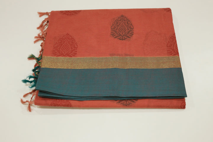 Coimbatore Cotton Saree With Contrast Border, Golden Zari Accents And Floral Butta