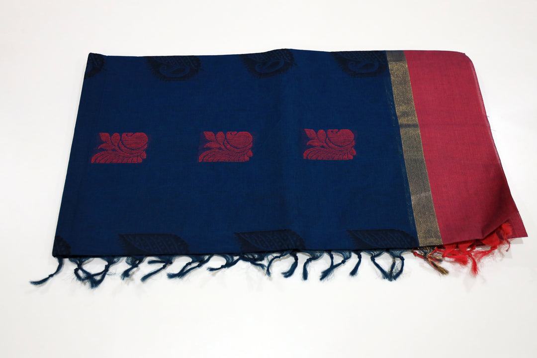 Coimbatore Cotton Saree With Contrast Border, Golden Zari Accents And Floral Butta