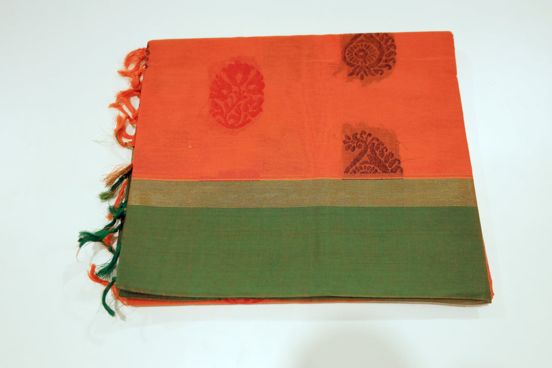 Coimbatore Cotton Saree With Contrast Border, Golden Zari Accents And Floral Butta