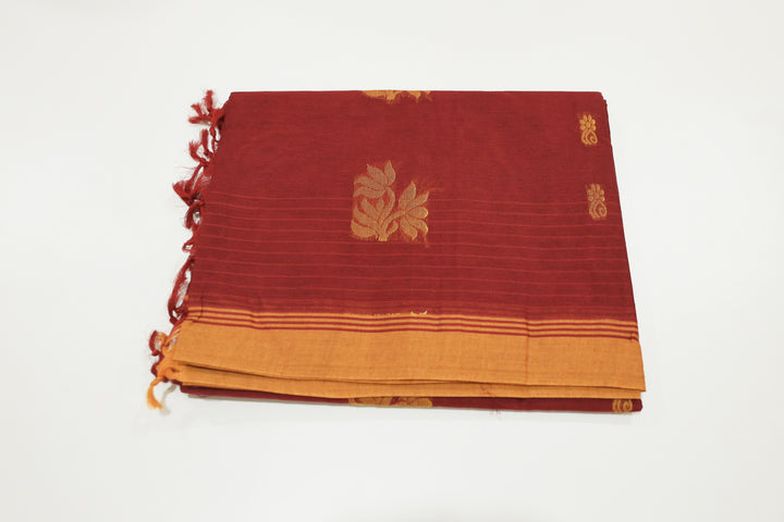 Coimbatore Red Cotton Saree With Contrast Border, Floral Buttas And Running Blouse