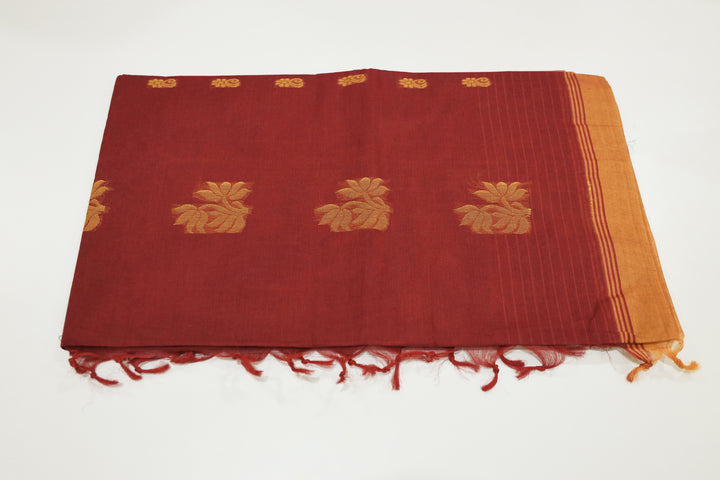 Coimbatore Red Cotton Saree With Contrast Border, Floral Buttas And Running Blouse