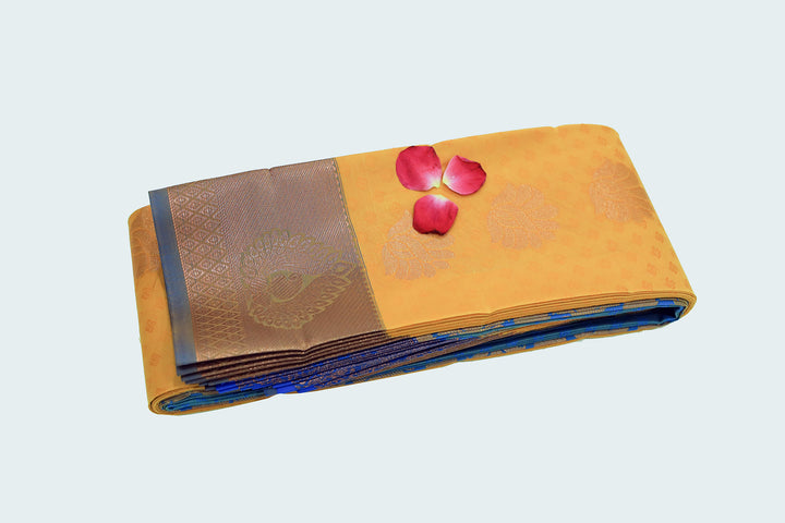 Semi Silk Saree with Contrast Border and Pallu, Adorned with Copper Zari Buttas