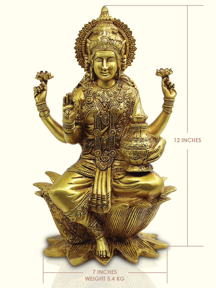 12" Brass Lakshmi with Kalasam and having a Lotus Base - Sripuram Store