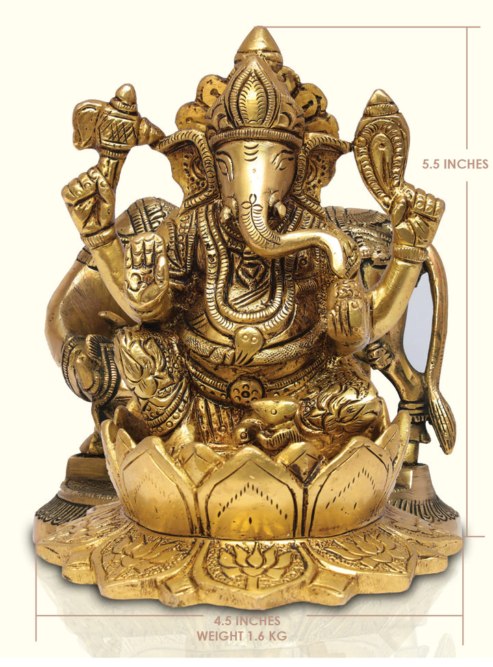 5.5" Brass Ganesha with Lotus Base - Sripuram Store