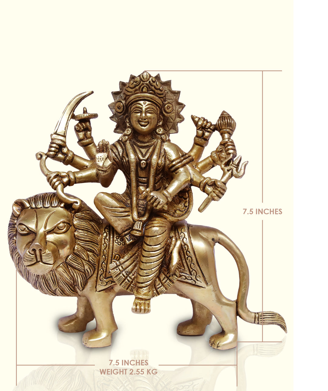 7.5" Brass Durga - seated on lion - Sripuram Store