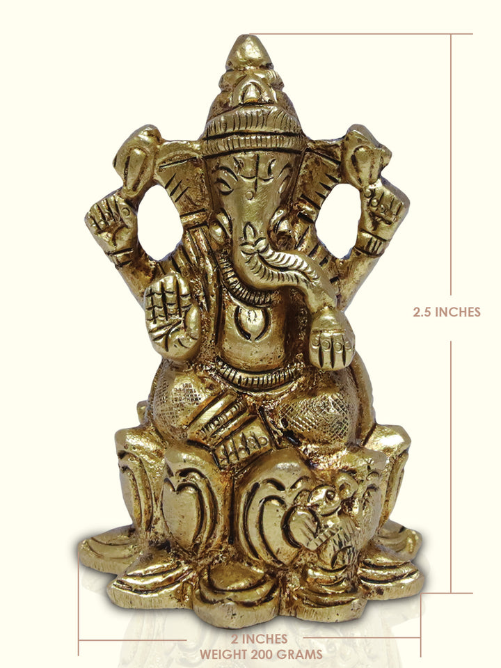 2.5" Brass Ganesha in Yellow Antique Finish with  Lotus Base - Sripuram Store