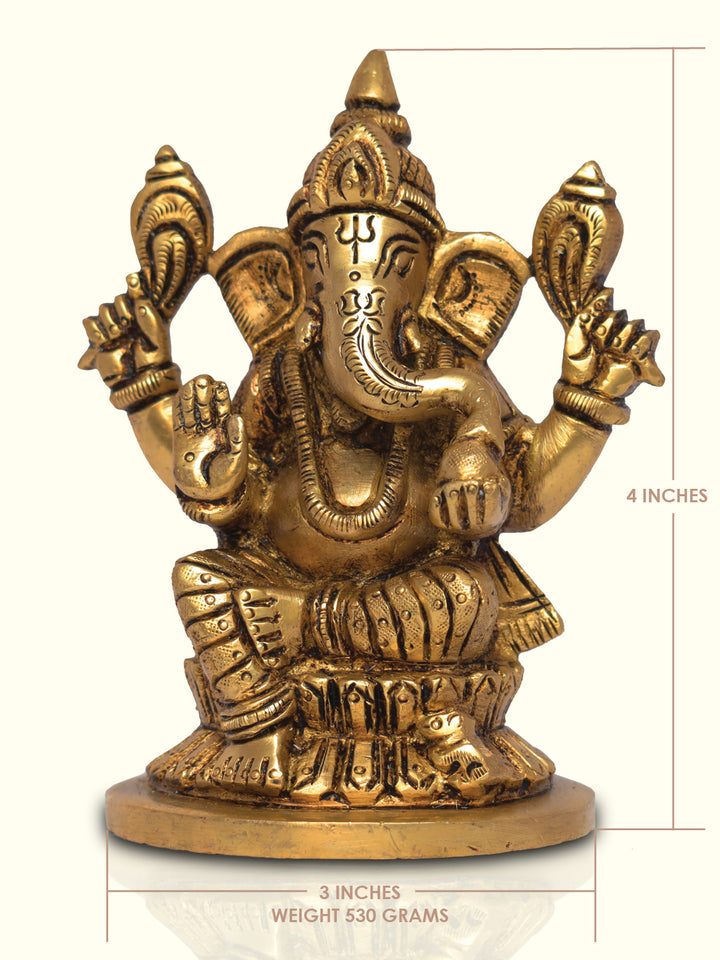 4" Brass Ganeshs with Round Base and Yellow Antique Finish - Sripuram Store