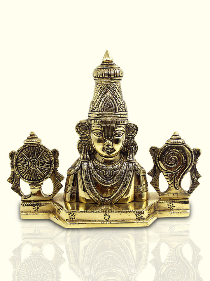 8.5" Brass Perumal with Shanka and Chakra in C Shape Stand - Sripuram Store