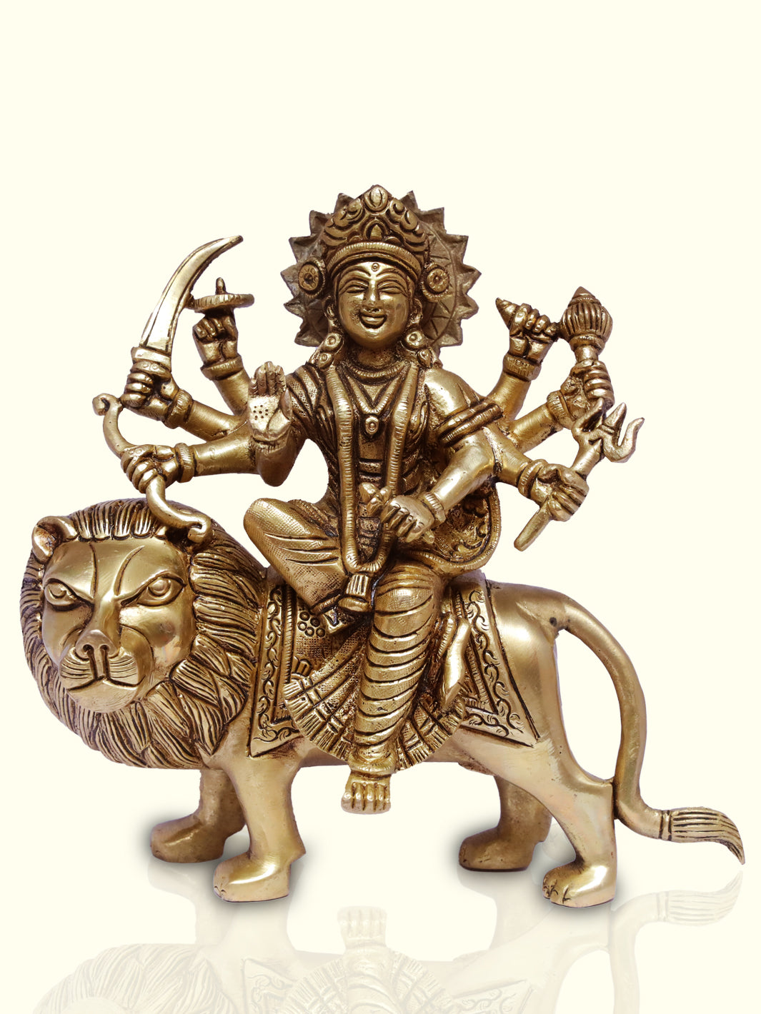 7.5" Brass Durga - seated on lion - Sripuram Store