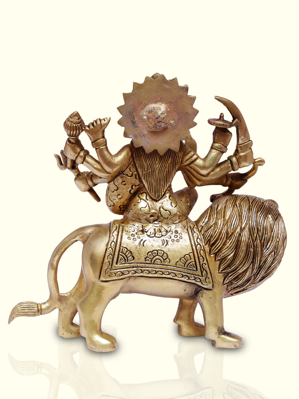 7.5" Brass Durga - seated on lion - Sripuram Store