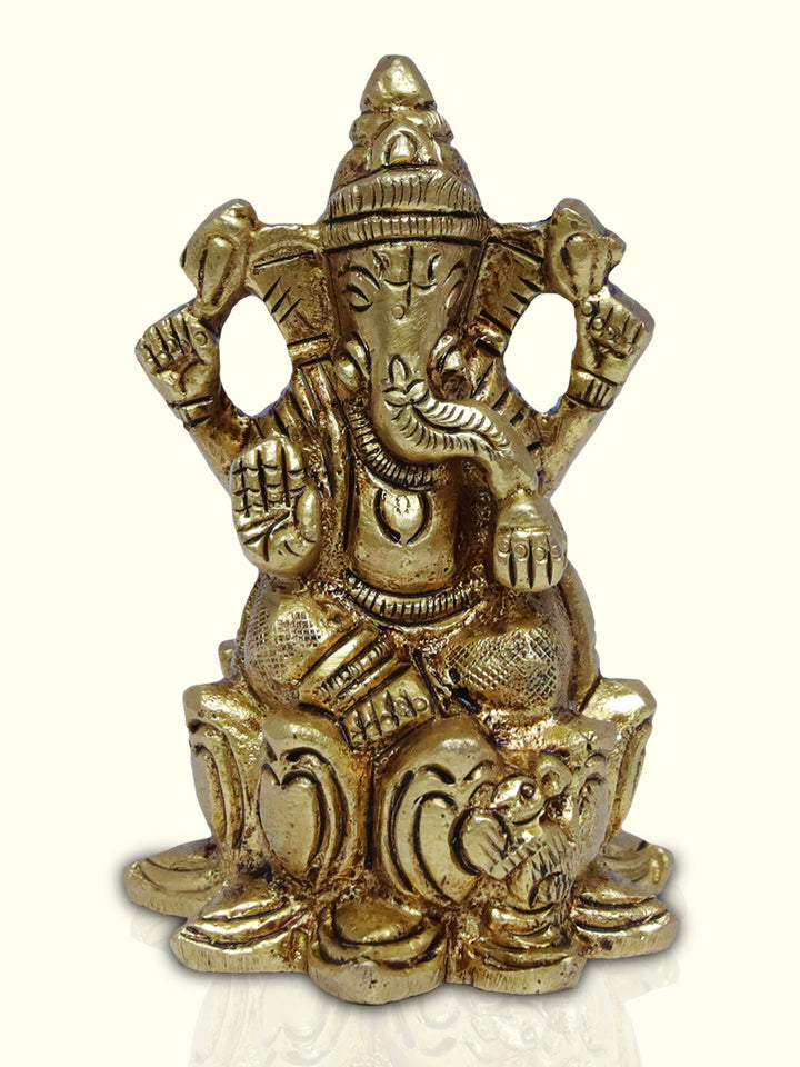 2.5" Brass Ganesha in Yellow Antique Finish with  Lotus Base - Sripuram Store