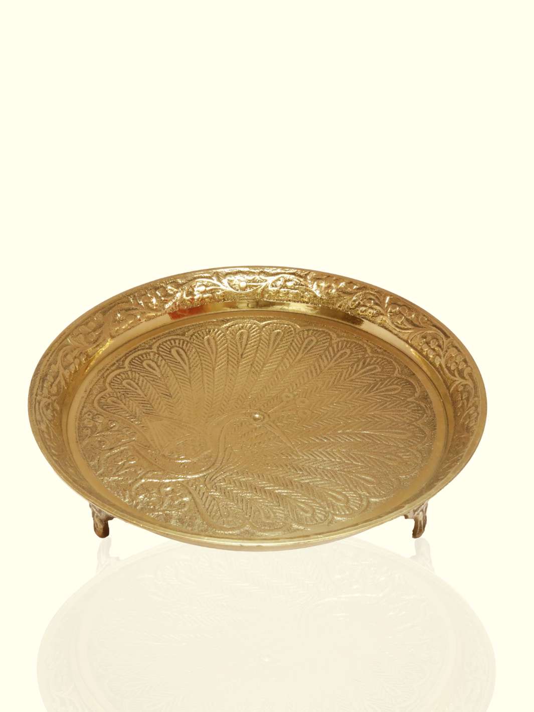 5.5" Wide Brass Plate with Peacock Design having a Stand - Sripuram Store