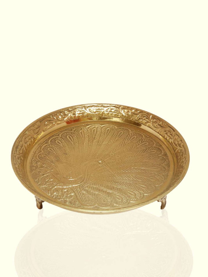 5.5" Wide Brass Plate with Peacock Design having a Stand - Sripuram Store