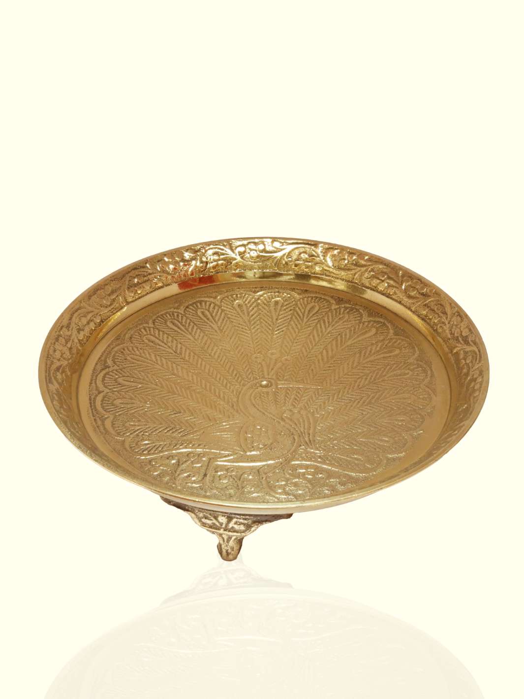 5.5" Wide Brass Plate with Peacock Design having a Stand - Sripuram Store