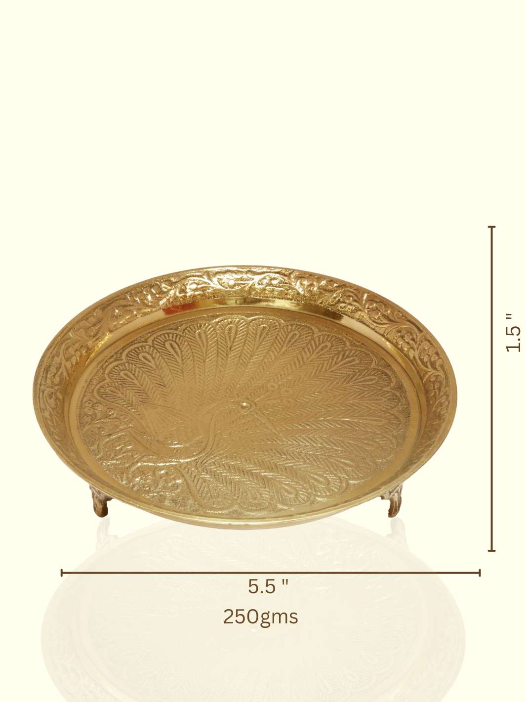 5.5" Wide Brass Plate with Peacock Design having a Stand - Sripuram Store