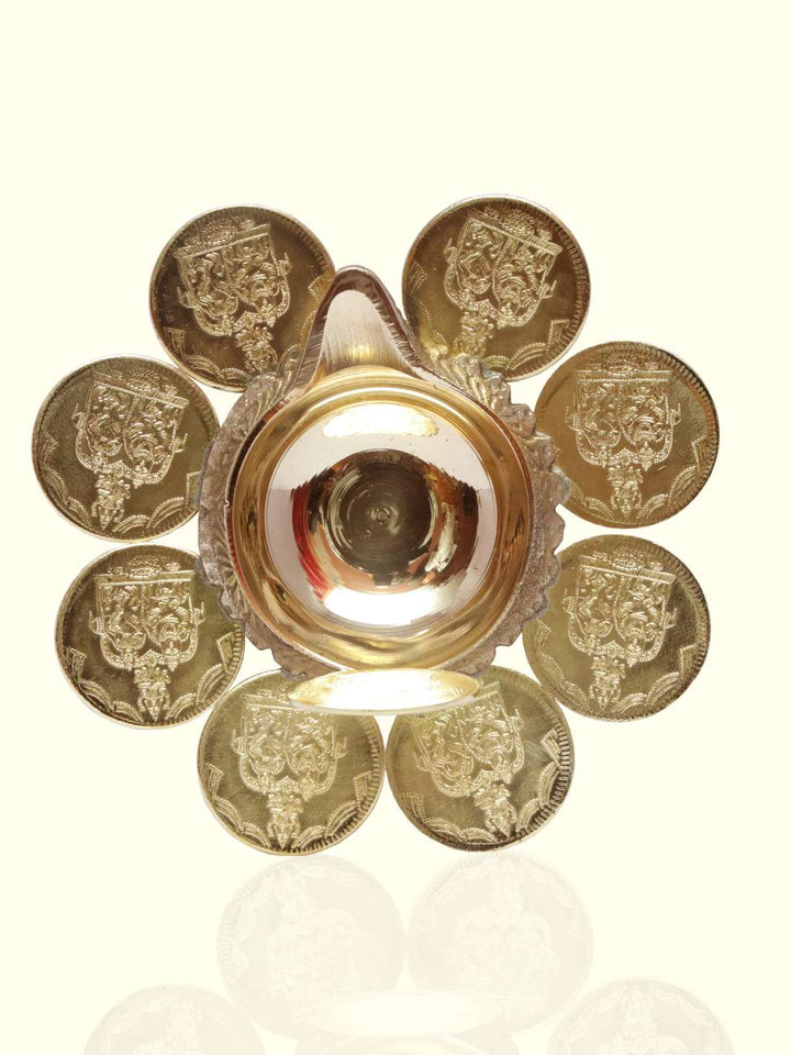 4" Wide Brass Kuber Lakshmi Deepa with 9 coins - Sripuram Store