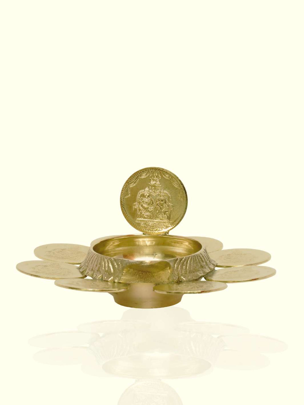 4" Wide Brass Kuber Lakshmi Deepa with 9 coins - Sripuram Store