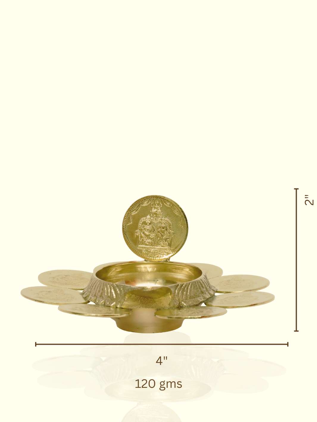 4" Wide Brass Kuber Lakshmi Deepa with 9 coins - Sripuram Store